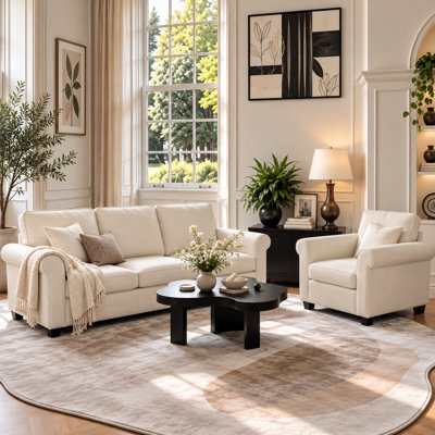 2-Piece Rolled Arms SOft Chenille Sofa with Chair Living Room Sets (Set of 2)