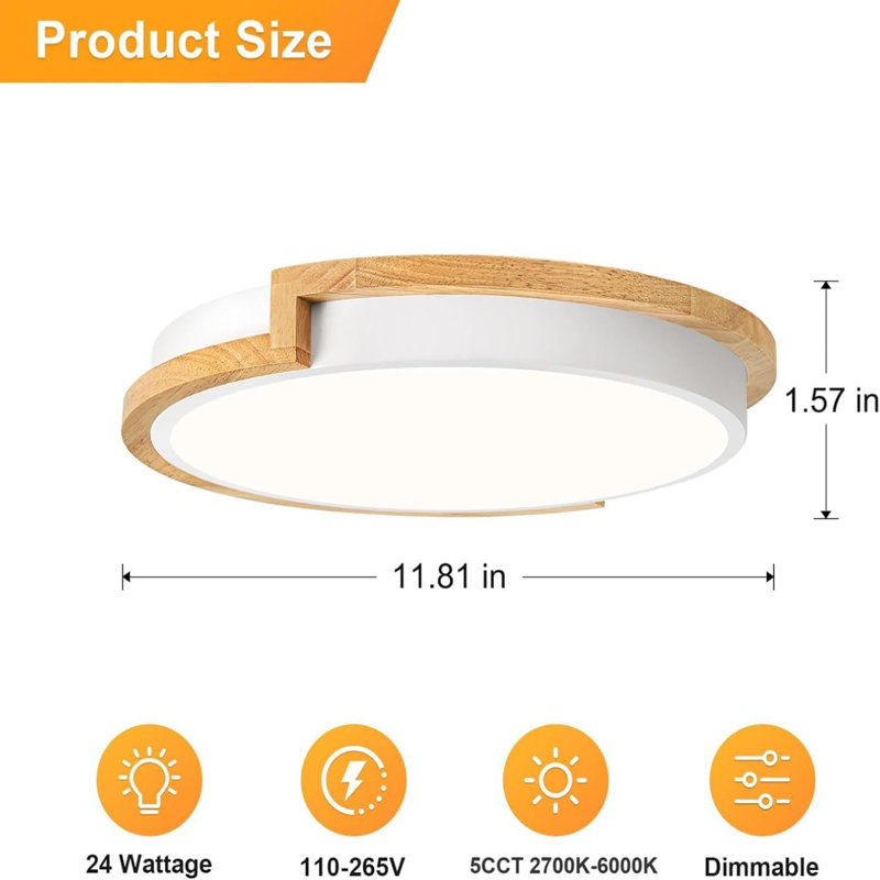 Plafonniers encastrés à DEL à intensité variable en bois, luminaires de couloir 5CCT 2700K-6000K, plafonnier circulaire minimaliste pour entrée de cuisine dans la salle de lavage