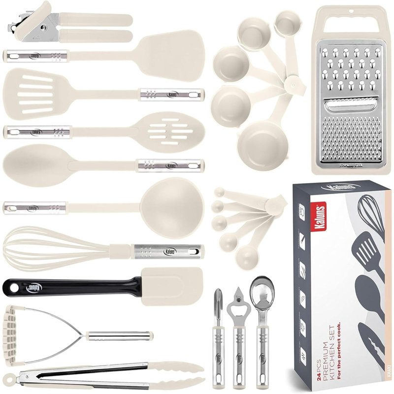 Ensemble d'ustensiles de cuisine de 24 pièces Kaluns - Résistant à la chaleur en silicone et en acier inoxydable, antiadhésif, poignées ergonomiques, gris, ustensiles de cuisine complets