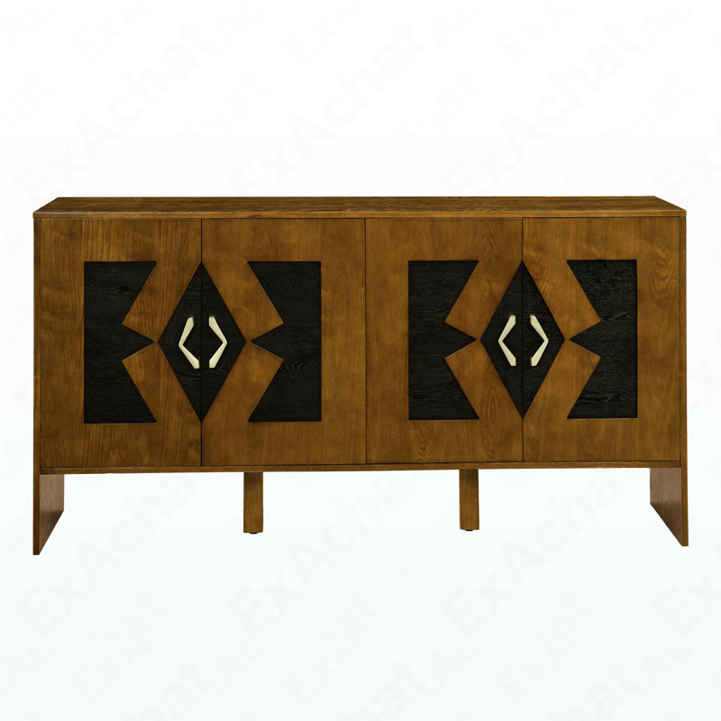 Mid Century Modern Storage Sideboard - 60" TV Media Console With Geometric Pattern & Adjustable Shelves, Walnut Brown