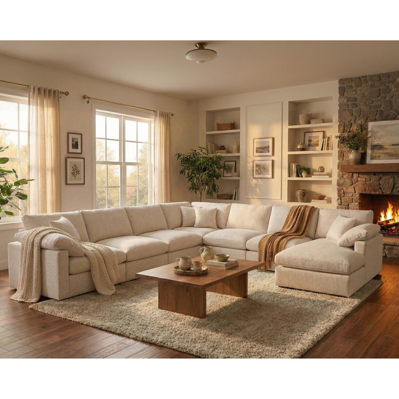 8 piece 145" Extra Deep Sectional Sofa Modern L-Shaped Modular Sectional Chenille Sofa with Ottoman, Pillow-Top Arms, and Plush Fabric Upholstery