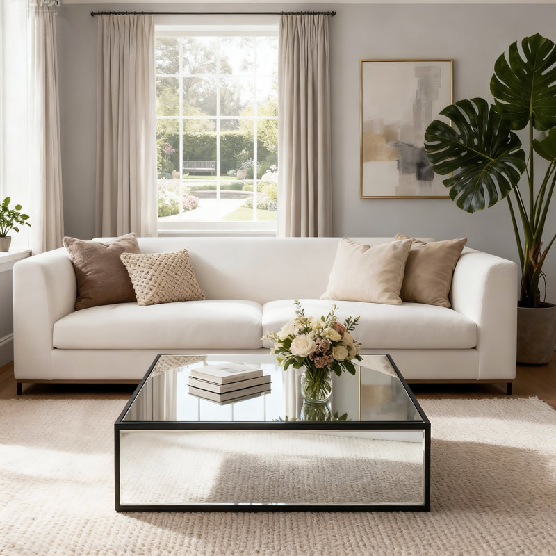 Fahd Block Coffee Table Mirrored Finished Black Metal Frame Sofa Table