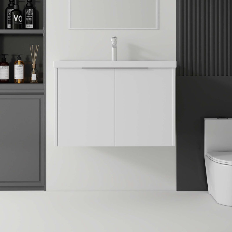 Meuble-lavabo flottant avec lavabo en céramique intégré et portes à fermeture en douceur, Blanc