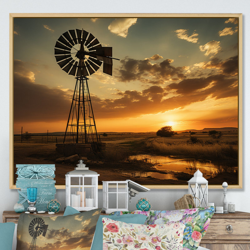 Texas Rustic Windmills - Wind Turbines, art mural pour le salon, Cadre naturel flottant, H 30 po x l 40 po x P 1,5 po