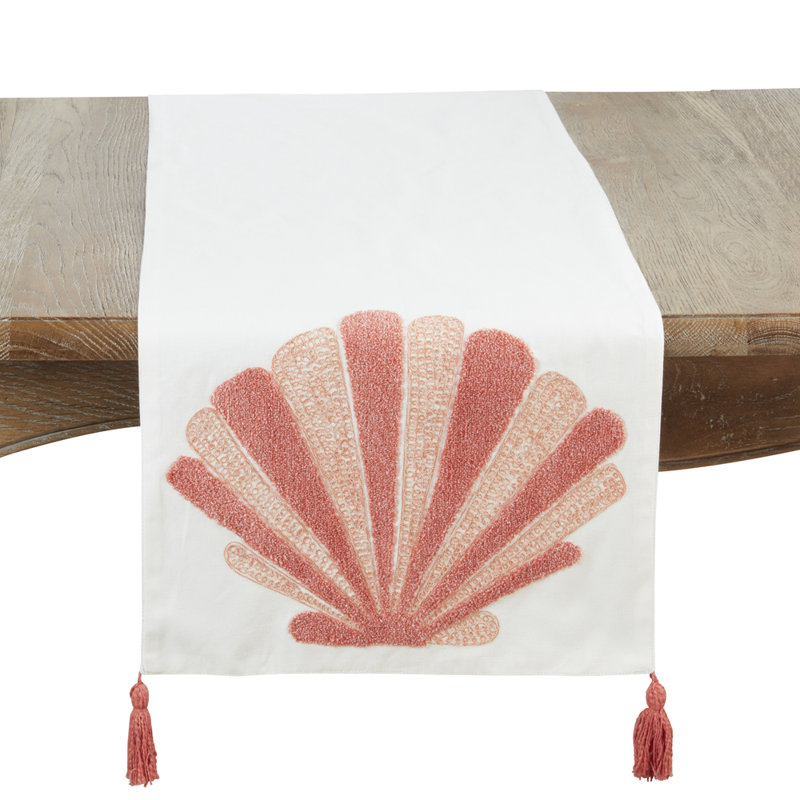 Pink Embroidered Seashell Cotton Table Runner With Tassel 16" W X 72" L