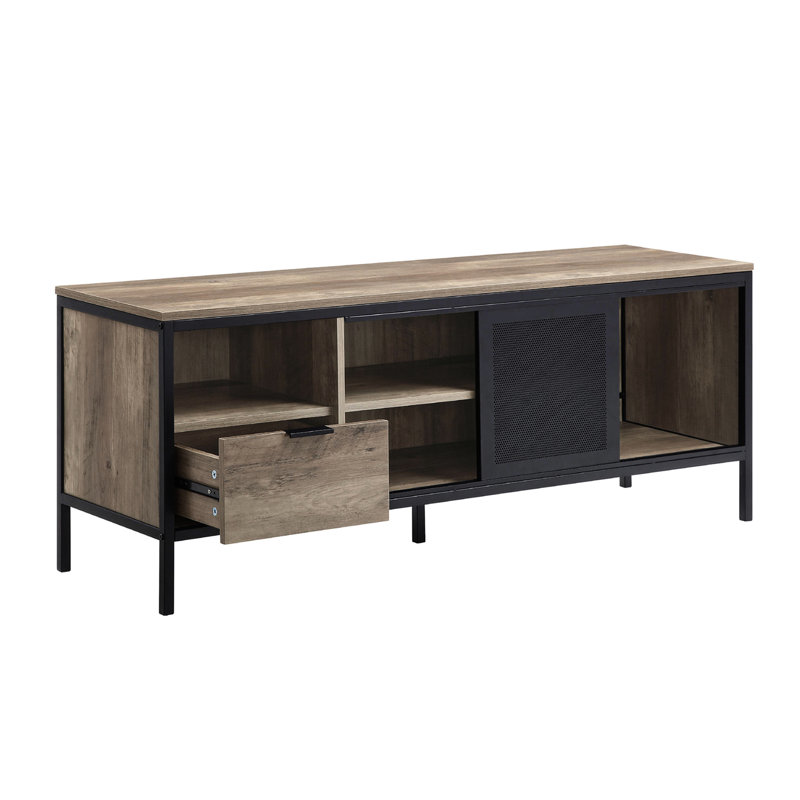Meuble télé de 50 à 59 pouces, chêne rustique, structure en métal noir, 1 tiroir, 4 compartiments de rangement, meuble à écran plat de 55 po avec chêne et design, compartiments de tiroir pour centre de divertissement