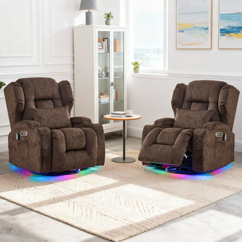 Fauteuil inclinable, berçant et pivotant à double moteur avec massage et chaleur, brun velours, 2 fauteuils, Brun