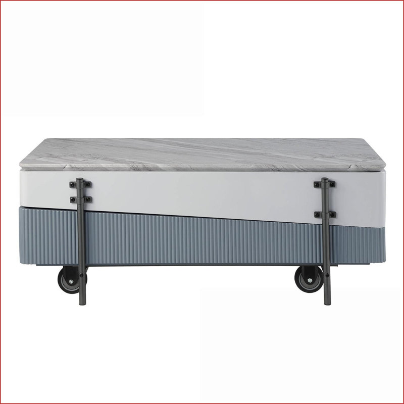 Gris et gris Table basse blanche à plateau relevable ultra-brillant avec rangement caché - Centre de table peu encombrant