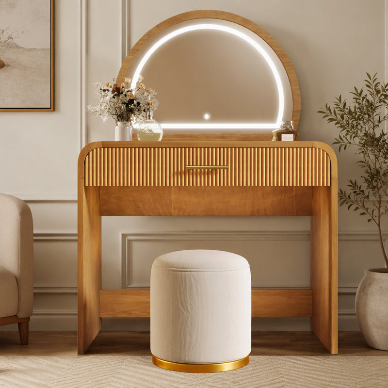 Coiffeuse lumineuse DEL de 99 cm (39 pouces) avec écran tactile, bois naturel et verre trempé, idéale pour les chambres modernes.