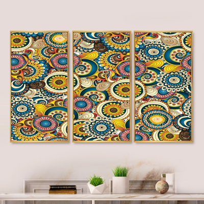 "Retro Brown and Blue Flowers VI", 3 pièces, cadre flottant, impression sur toile