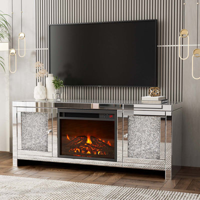 Diamond Mirrored Tv Stand For 55+ Inch Tv, Mantel Freestanding Heater W/7 Colors Changing &3d Realistic Flame Effect, No Installation