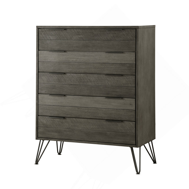 Commode de chambre contemporaine à trois tons de finition grise avec pieds en métal et placage d'acacia