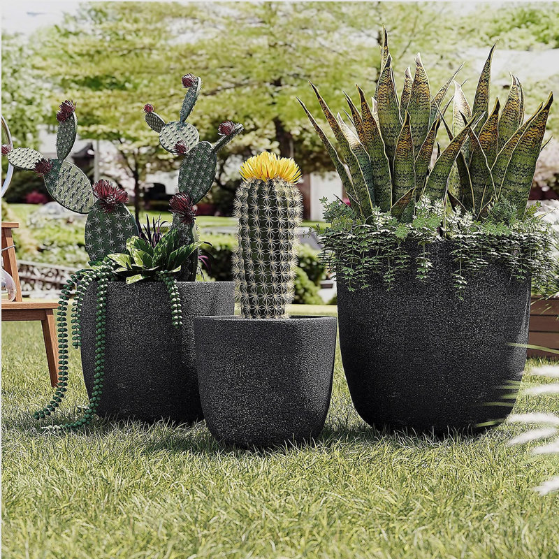 Ensemble de 3 pots de fleurs d'intérieur et d'extérieur légers texturés MGO de 16,9 po + 13,9 po + 11,22 po Dia, Noir