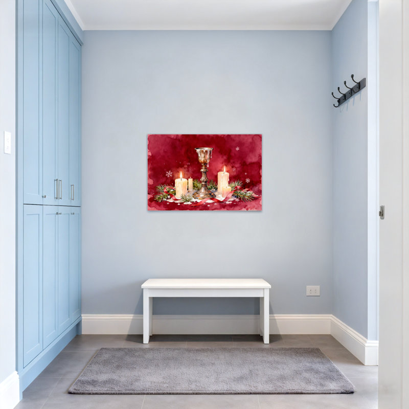 Bougies de Noël et branches de pin sur fond rouge, H 12 po x l 18 po