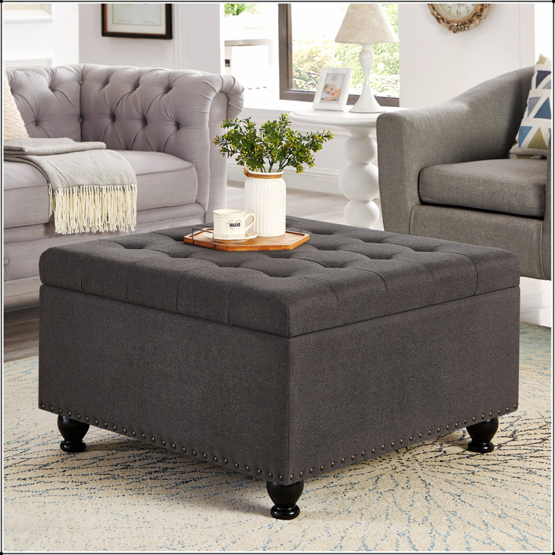 Square Storage Ottoman with Wood Legs & Button Tufting – Nailhead Trim, Upholstered Coffee Table, Dark Gray
