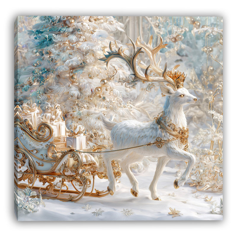 Art mural sur toile Golden Deer with Sleigh III, H 12 po x l 12 po