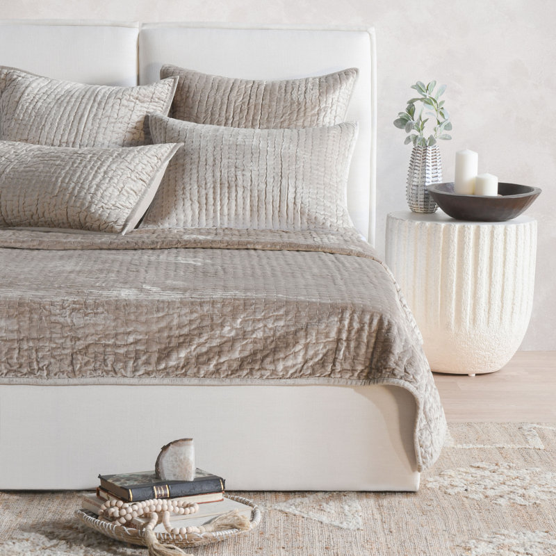 Bari 3-Piece Velvet Rayon Quilt Set, Pebble Beige