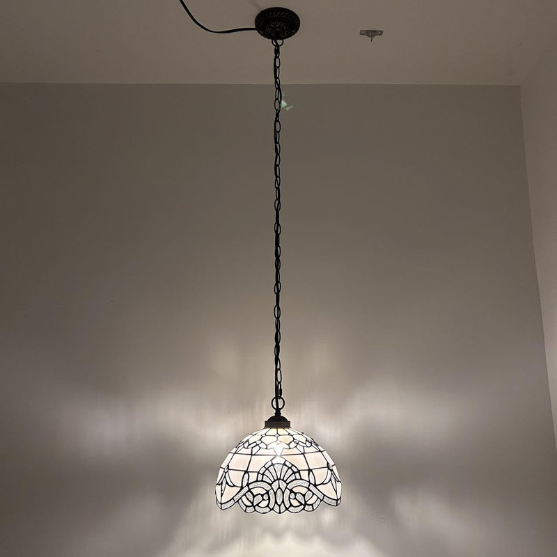 White Stained Glass Bronze LED Pendant Light, 60" Height