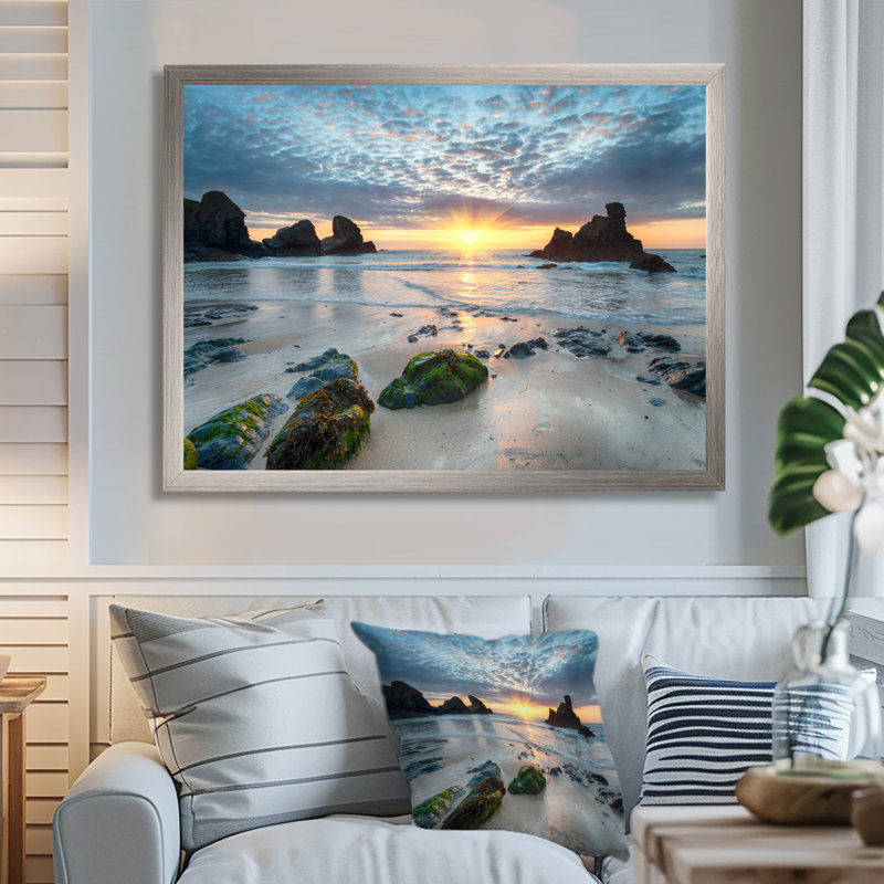 Magnifique baie de Porthcothan - imprimé bord de mer, H 30 po x l 40 po, Impression encadrée, Argent argent