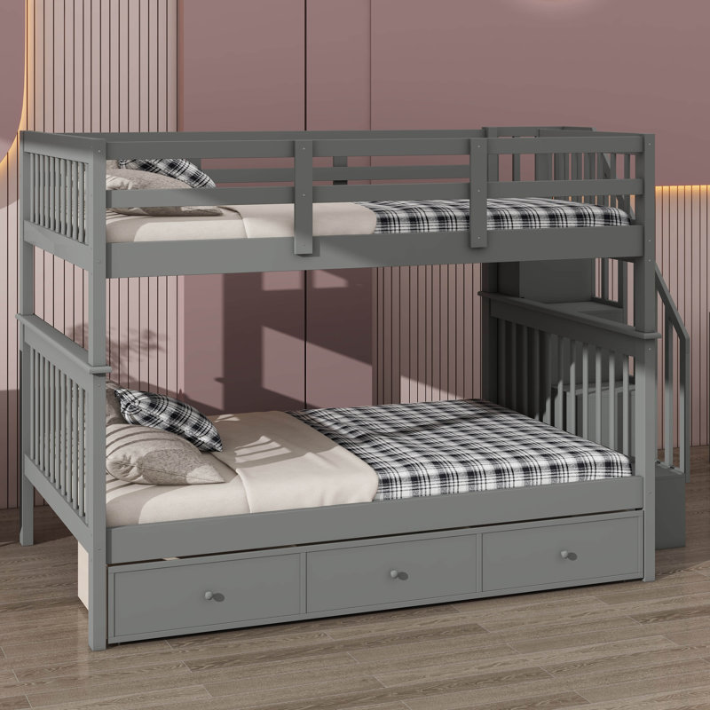 Full-Over-Full Bunk Bed With Stairway, Drawer, Storage, And Bed Guard Rail For Bedroom, Gray