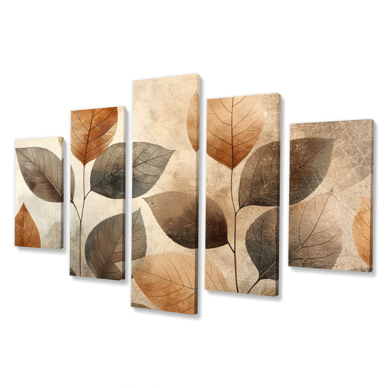 «Taupe Leaves Mosaic Collag III» - décoration murale feuilles - art mural traditionnel diamant