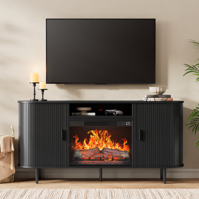 Meuble télé moderne avec foyer pour téléviseur de 80 po ou moins, centre de divertissement cannelé avec foyer électrique, meuble média pour salon