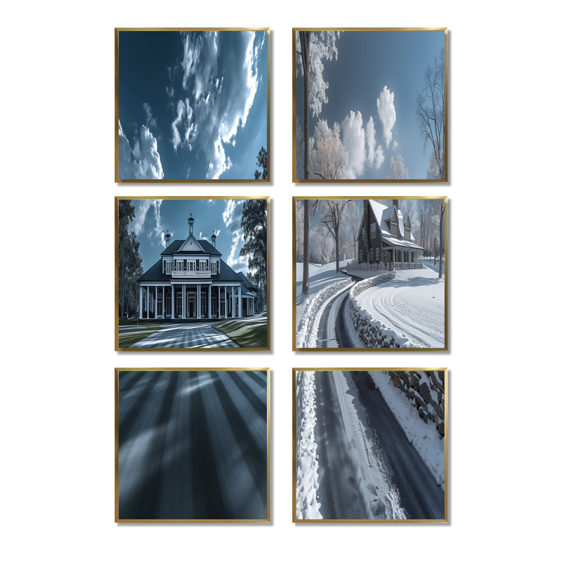 Winter Country Club Estate - ensemble d'art mural sur toile 6 pièces, Impression encadrée sans passe-partout, Doré