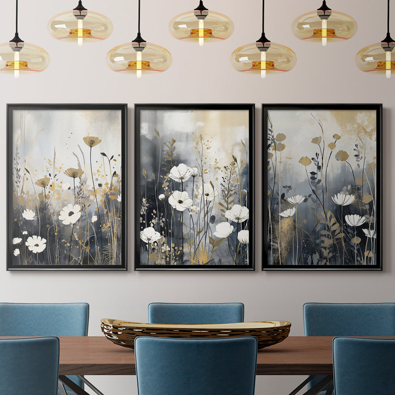 FLORAL Series CECXCV III - Toile tendue avec châssis encadré - 3 pièces, H 27 po x l 57 po, Noir, noir, noir, noir