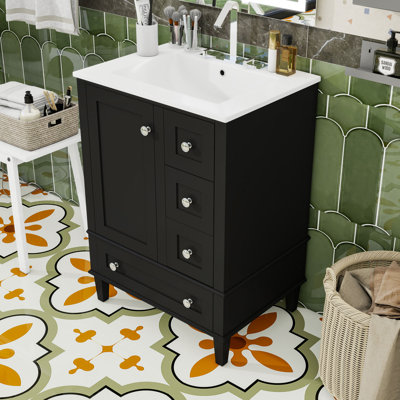 Bathroom Vanity with Integrated Ceramic Sink, 3 Storage Drawers and Double-Layer Door Shelf