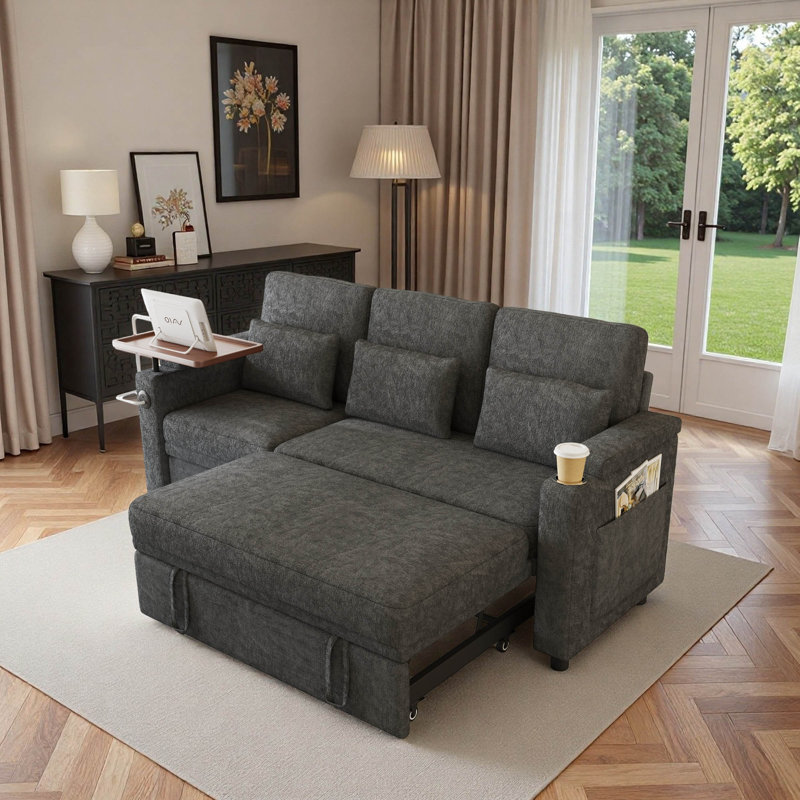 Canapé-lit inclinable convertible de 81 po avec fauteuil inclinable, tableau, ports USB et 3 coussins décoratifs