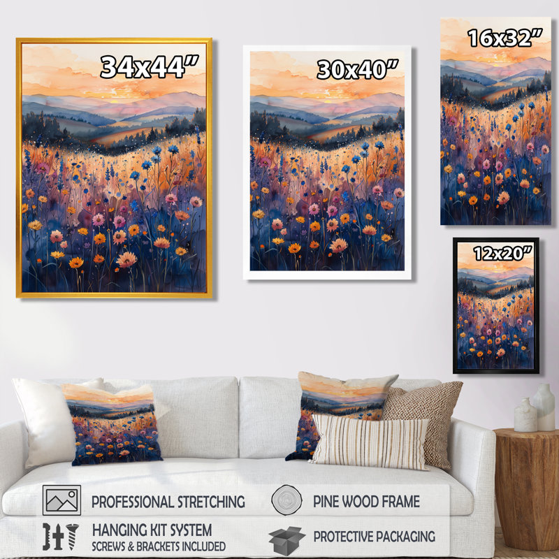 «Blue Blue Cornflowers Summer Breeze» - impression d'art mural bleuets, Toile encadrée flottée blanche