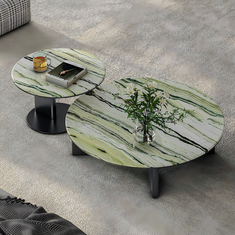Ensemble de tables basses rondes avec veines d'émeraude en pierre naturelle