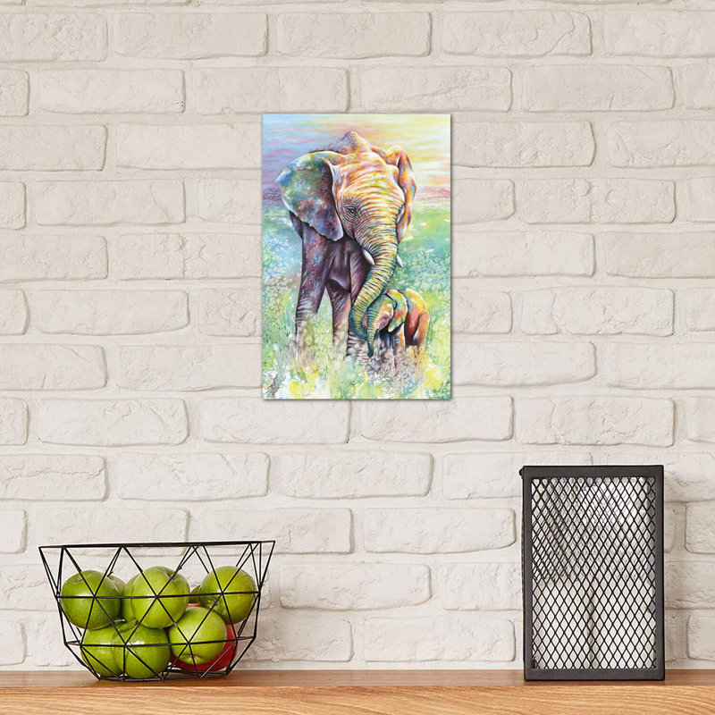 Mother & Baby Elephant Rainbow Colours by Michelle Faber - Painting on Canvas, 20.32 cm H x 30.48 cm W, No Frame