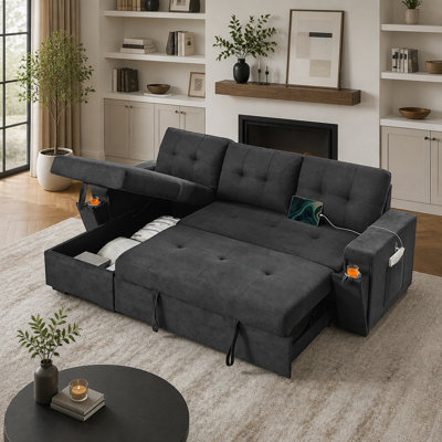 Canapé-lit modulaire réversible en tissu tissé noir de 95 pouces avec méridienne avec rangement - lit escamotable en forme de L, porte-gobelets, ports USB / USB-C, siège à ressorts ensachés et conception compacte