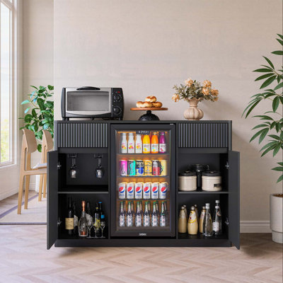 53'' Fluted Bar Cabinet with Fridge Space, Modern Coffee Station, Charging Hub, and Wine Glass Rack, Walnut Buffet Sideboard for Beverage Storage