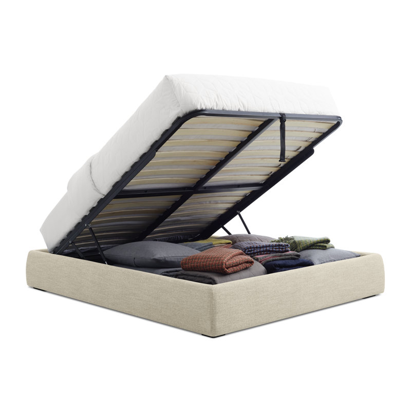 Lid Upholstered Storage Bed, Full, Barto Sand, Lift Up Storage
