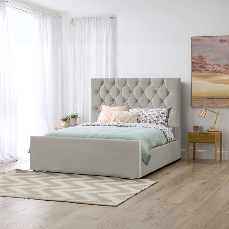 Theirry Upholstered Velvet Bed, Double (4'6), Silver
