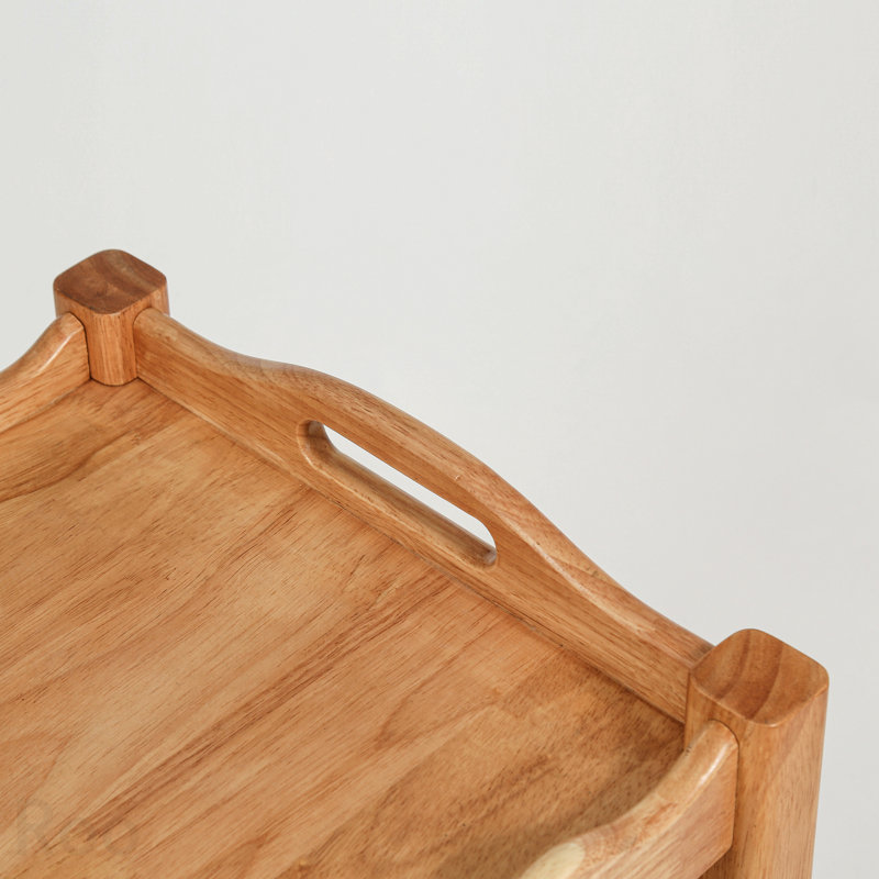 Solid Rubberwood 2-Tier Rolling Side Table with Lockable Wheels and Removable Tray