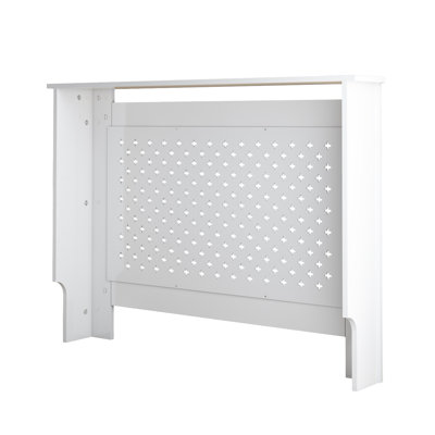 MDF Radiator Cover, 44.1"W × 7.5"D × 32.3"H, MDF with Water-Based Lacquer Finish, 1-Piece Set, Decorative Perforated Front Panel Heater Cabinet with Top Display Shelf, White