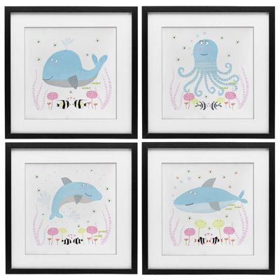 Floral Baby Sea Creatures 4pc Framed Print Under Glass Set, design by Carla Daly