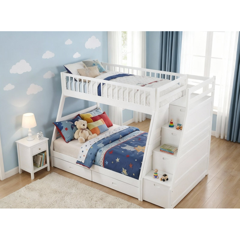 Mimi Twin Over Full Bunk Bed with Underneath Drawers and Staircase, White
