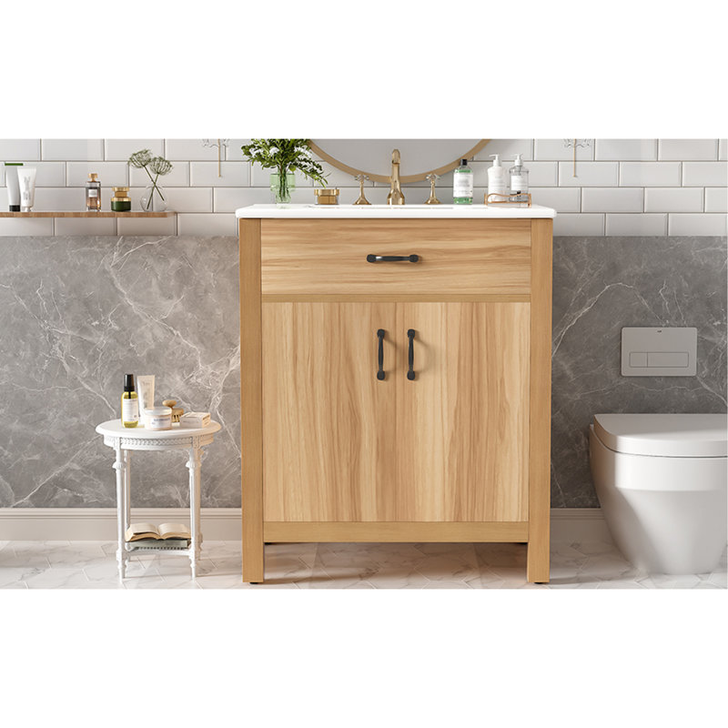 Meuble-lavabo de 30 po en bois avec cadre en bois massif, 2 portes à fermeture douce, 1 tiroir rabattable, tablette réglable, armoire de rangement moderne
