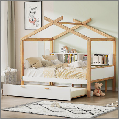 Lit simple blanc en bois avec structure en bois originale, lit gigogne simple et bibliothèque pour enfants ou chambre d'amis