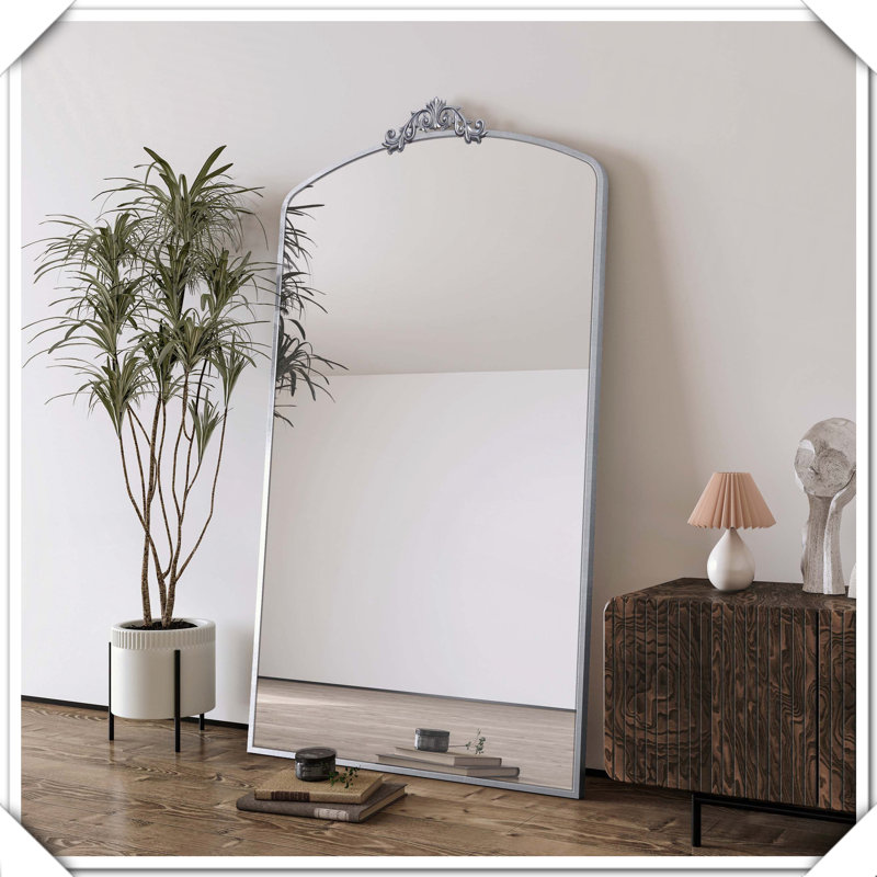 Vintage Ornate Arched Metal Framed Full Length Mirror, 66.5" H x 36" W, Antique Silver