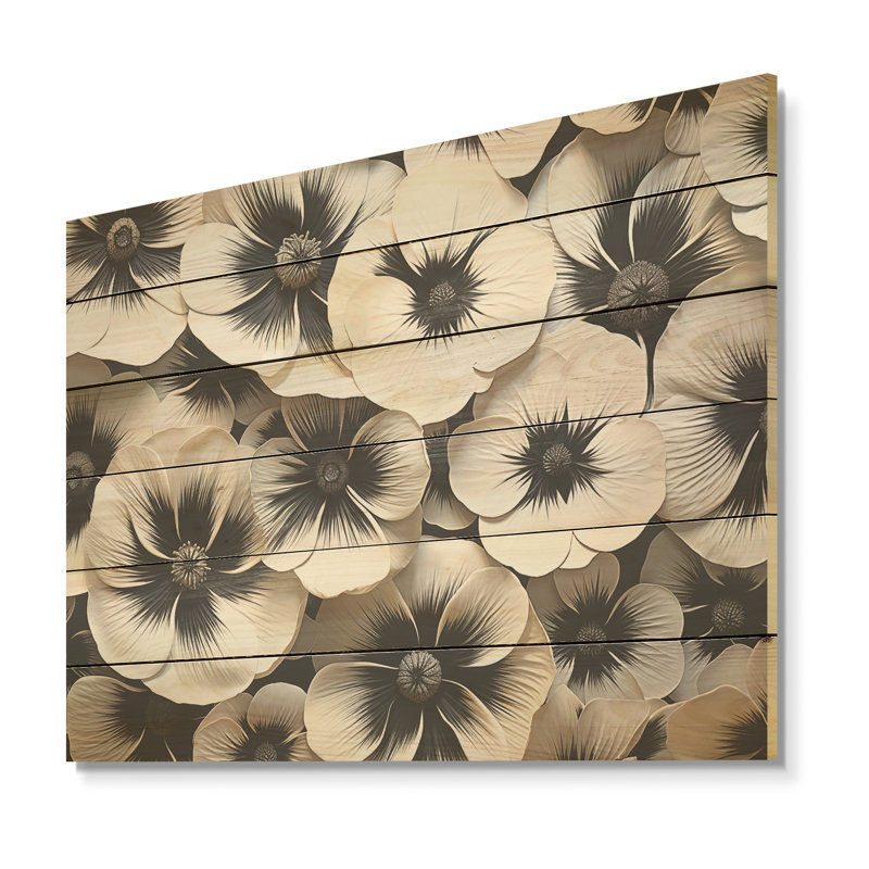«White and Back Pansy Harmony I» - Art sur bois de pin naturel, H 24 po x l 32 po