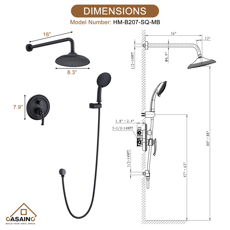 Matte Black Wall-Mounted Rain Shower System with Handheld