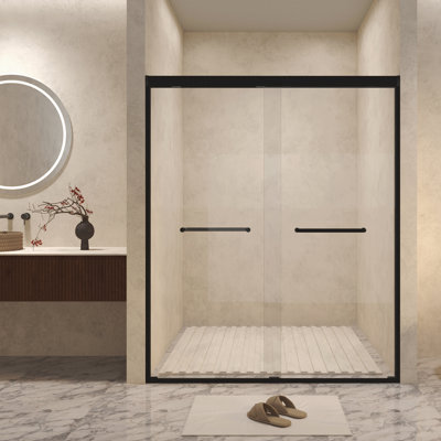 Tempered Glass With Explosion Proof Film, Aluminum Frame Material Double Sliding Opening Shower Door  - "1/4 (6 Mm), Stainless Steel Handle