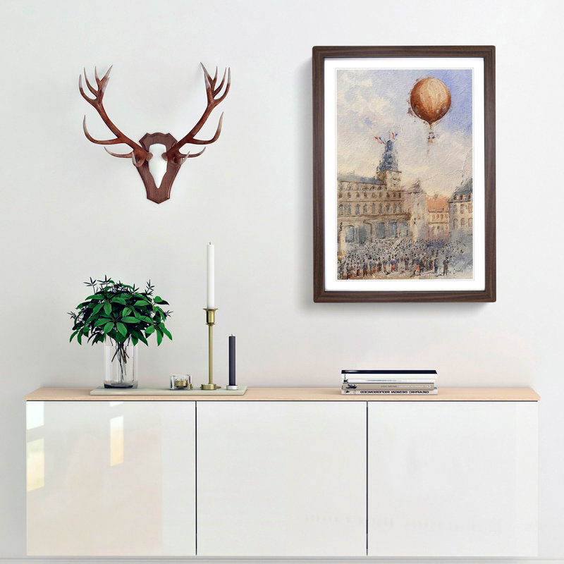 Hot Air Balloon Above Paris by Camille Gravis - Framed Print, 36cm H x 27cm W x 2cm D, Walnut Framed