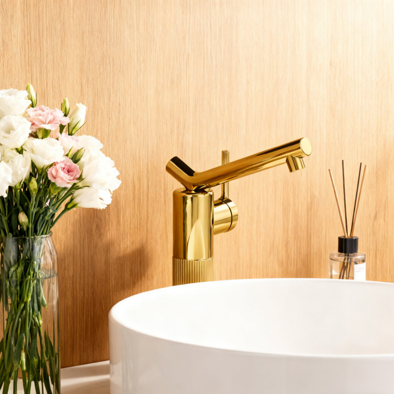 Swivel Spout Vessel Bathroom Faucet Single Hole Deck Mount With Single Lever Handle And Round Base, Gold