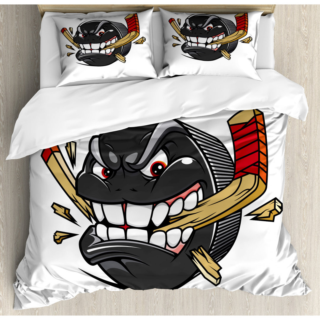 Bettbezug Set, Cartoon Puck Bites-Stick, Eishockey, Mehrfarbig